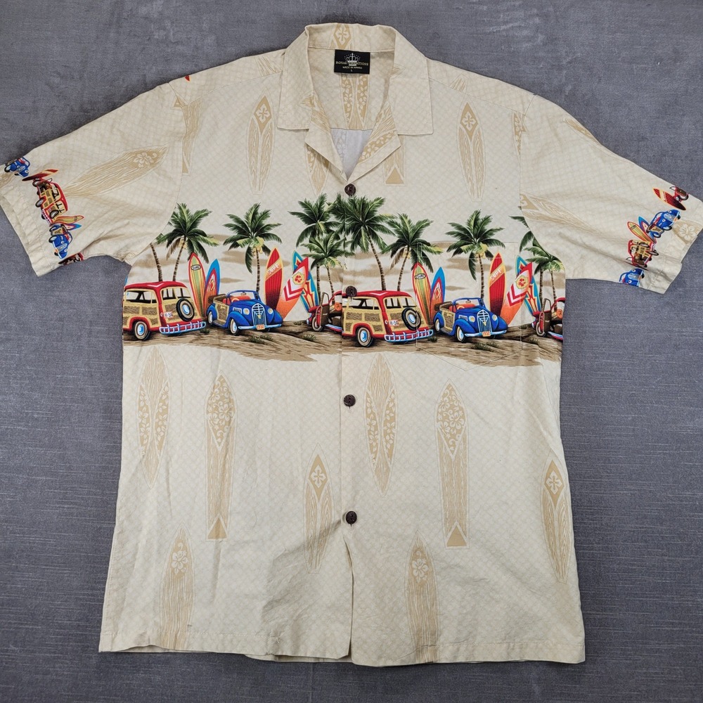 Royal Creations Mens Large Hawaiian Shirt Tan Woodie Wagon Surfboards Palm Trees